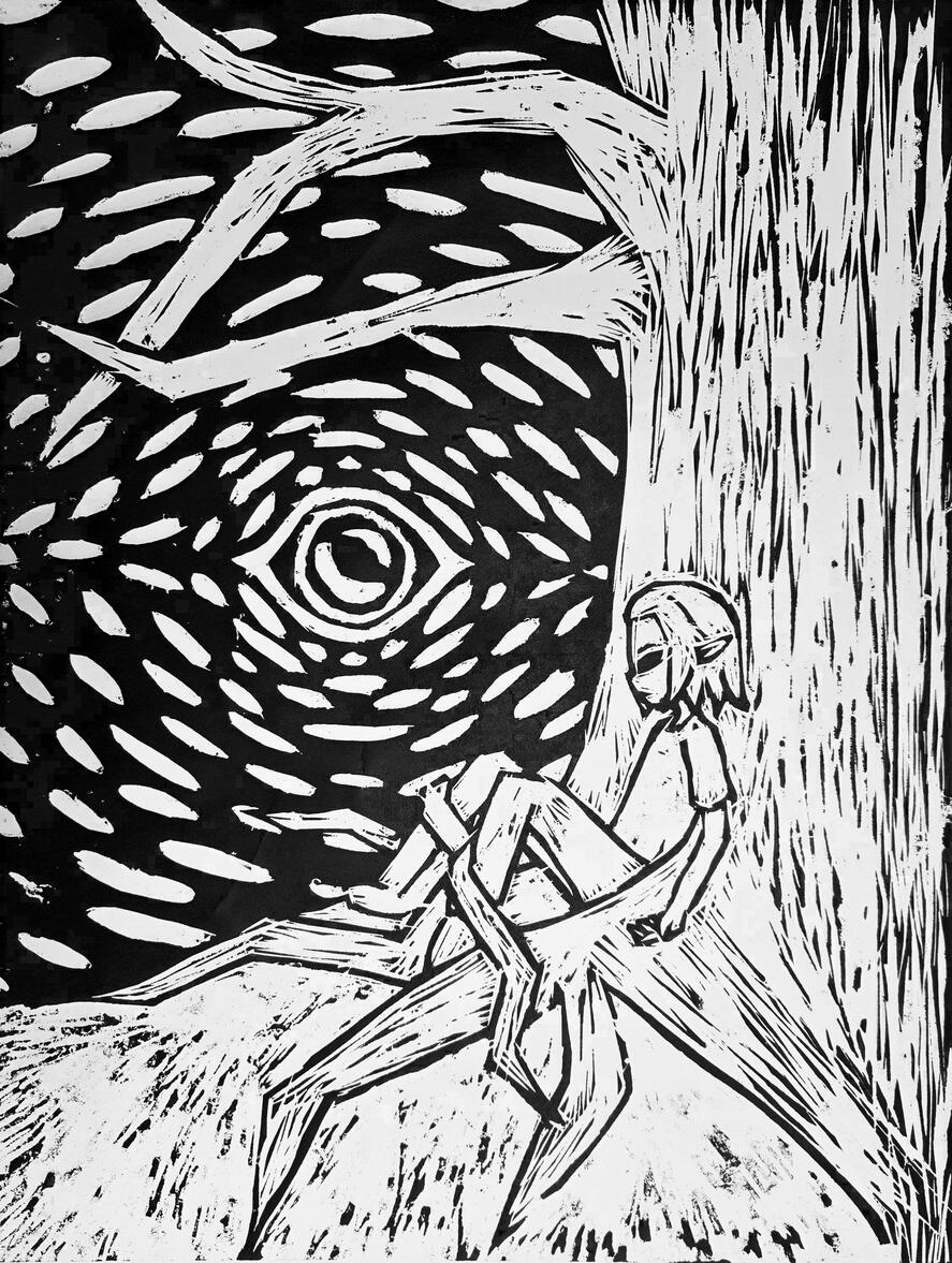 Large Format Relief Printmaking - Body decomposing in nature